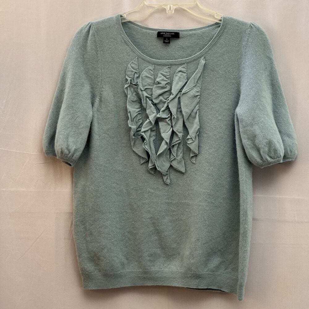 Ann Taylor Cashmere Sweater L Dusty Blue Ruffle Front Puff Sleeve Romantic